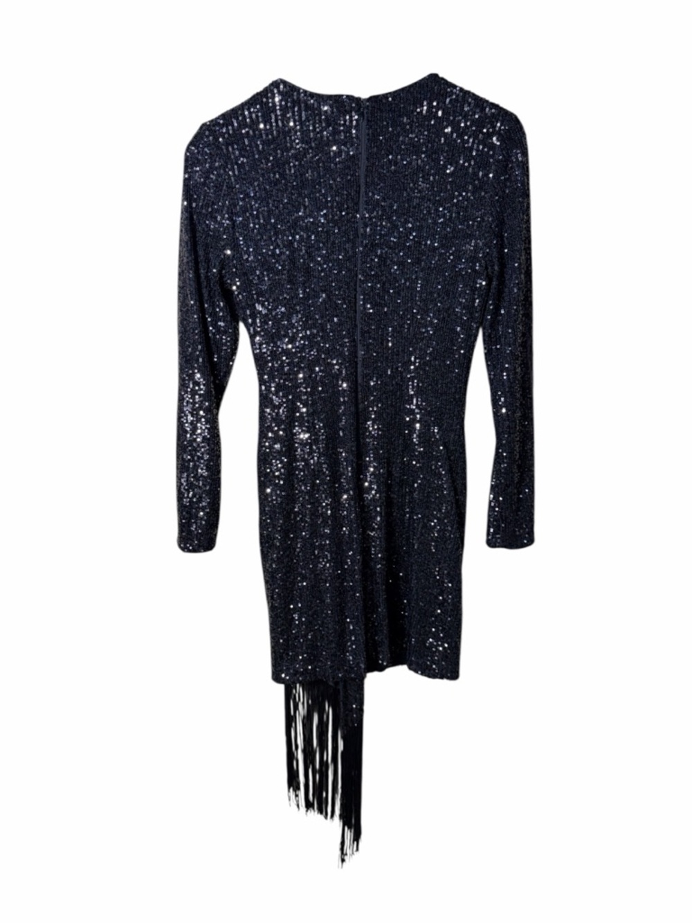 Belle Badgley Mischka Black Sequin Long Sleeve Harley Fringe Cocktail Dress Sz 2 - Picture 4 of 9